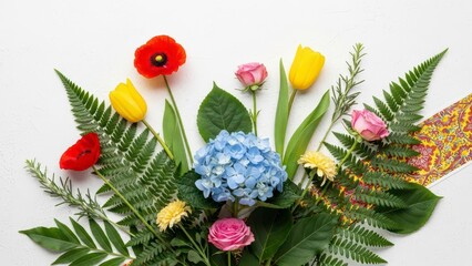 A vibrant assortment of fresh spring flowers and fern foliage arranged artfully against a plain white background for design.