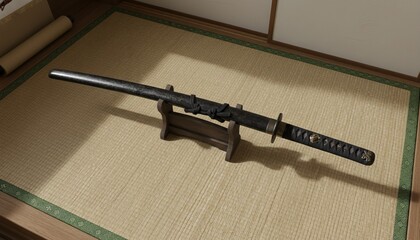 Traditional Japanese Katana Displayed on Tatami Mat in Minimalist Room with Natural Light