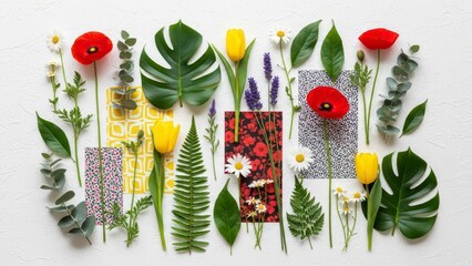 Floral Symphony of Nature: A vibrant and meticulously arranged composition showcasing an array of fresh flowers and lush green foliage, creating a visually captivating display of nature's beauty.