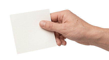 Obraz premium Hand Holding Blank White Square Paper Card Isolated on White Background