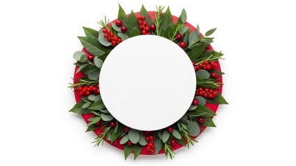 A festive wreath made of green foliage and bright red berries surrounds a central white circle copy space for holiday greeting card design isolated.