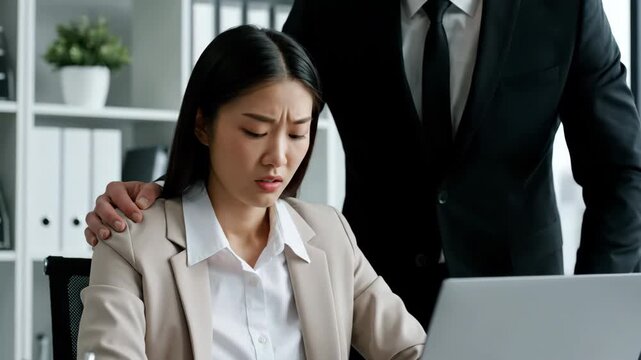 Anxious asian woman in beige suit jacket at her desk with laptop with a hand touching her shoulder in bright office. Shows workplace harassment and stress.