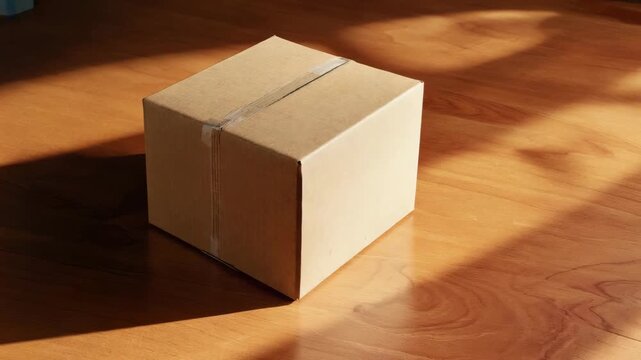 Simple Brown Cardboard Box on Sunlit Wooden Floor Packaging Concept