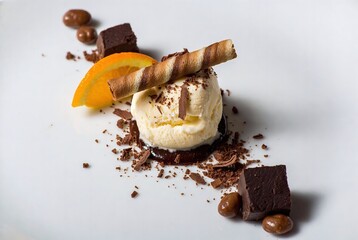 Gourmet Dessert Plate: Decadent Ice Cream Chocolate Sundae with Orange Slice and Fudge Squares in Elegant Presentation