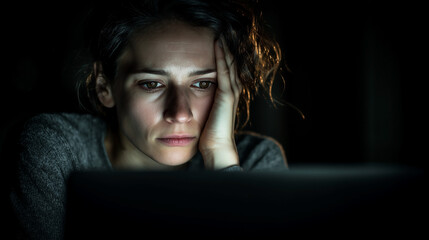 A woman is sitting in front of a laptop computer