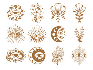 Celestial black magic symbols flower, sun, moon, evil eye. Set of esoteric symbols, alchemy and witchcraft Hand drawn vector art
