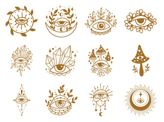 Celestial black magic symbols flower, sun, moon, evil eye. Set of esoteric symbols, alchemy and witchcraft Hand drawn vector art