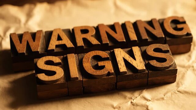 Wooden block letters spelling warning signs on wrinkled beige paper with shadow and vintage printing style.