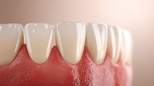 Close-up view of healthy human teeth and gums showcasing dental hygiene, with a focus on the smooth enamel surface and vibrant pink gum tissue, emphasizing oral care importance
