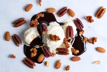 Vanilla Ice Cream Dessert with Chocolate Sauce, Mixed Nuts and Toppings - Food Photography Indulgence on a Wooden Table