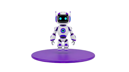 Cute Cartoon Robot with Blue Eyes and Purple Accents on a Purple Platform