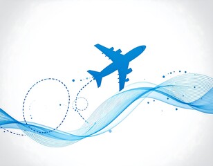 A blue silhouette of an aircraft soars above stylized, wavy lines and dots on a white background, suggesting flight