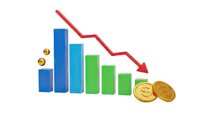 Financial Downturn Bar Chart with Downward Arrow and Coins