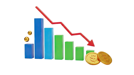 Financial Downturn Bar Chart with Downward Arrow and Coins