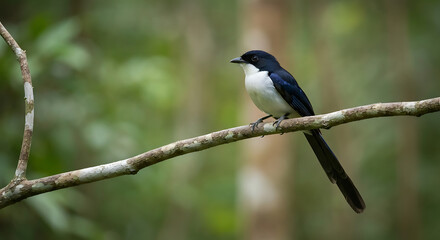 Fototapeta premium Black and white bird perched on a tree branch in a lush green forest setting