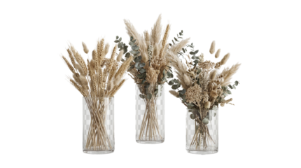 Three Dried Pampas Grass and Eucalyptus Floral Arrangements in Clear Glass Vases
