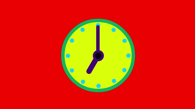 Cartoon counter green blue yellow color clocks redbox. Hand drawn 12 hours animation. Simple vivid crazy very useful animation for illustrating time of any process seamless loop.
