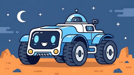 Cartoon Robot Vehicle on Mars Surface.