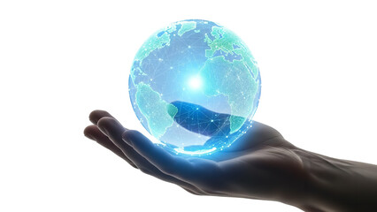 Globe in hand showing blue digital network connections