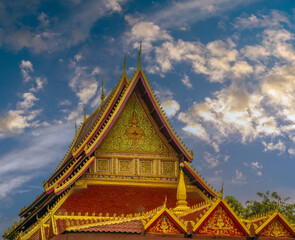 Naklejka premium The stunning roofs of the Wat Ong Teu Mahawihan temple (Temple of the Heavy Buddha), Vientiane, Laos.