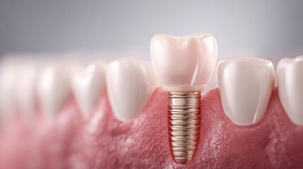 Dental implant placed in gum tissue, showcasing realistic tooth structure and metallic base, highlighting modern dentistry and oral health advancements in a clinical setting