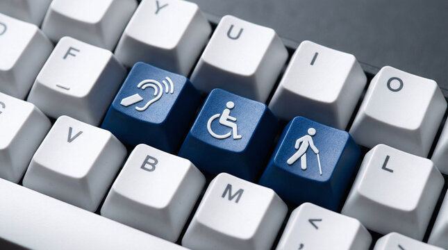 Keyboard accessibility icons wheelchair hearing vision glowing blue inclusive design.