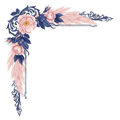 Delicate luxury hand painted corner frame with wild roses and pampas grass in navy and blush pink isolated on white background.png