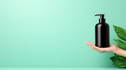A sleek black pump bottle is held delicately against a soft green background, providing a touch of elegance and modernity for premium beauty or personal care product packaging.
