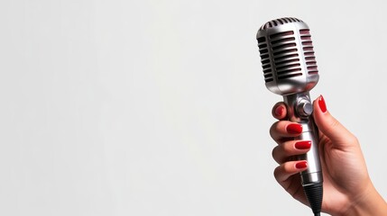 A hand with beautifully manicured red nails holds a classic microphone, evoking feelings of performance, expression, and the excitement of live music and entertainment.