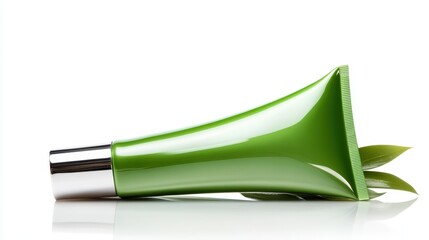 A sleek green cream tube lies on its side next to fresh green leaves, representing natural skincare options and eco-friendly beauty products for consumers to explore.
