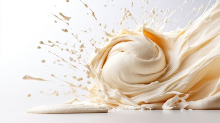 A thick swirl of cream is dynamically splashed on a white backdrop, embodying rich textures and abstract movement, creating a visually intriguing and appetizing composition.