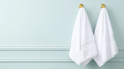 A calming view of pristine white towels neatly arranged on a soft blue wall, reflecting luxury and serenity in a spa-like setting for relaxation and comfort.