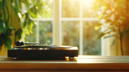 The tranquil image features a vintage turntable beside lush green plants, illuminated by warm morning light, evoking a sense of relaxation and nostalgia for music lovers.