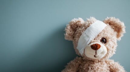A charming teddy bear with a bandage over one eye evokes feelings of innocence, care, and companionship, embodying the comfort of childhood memories.