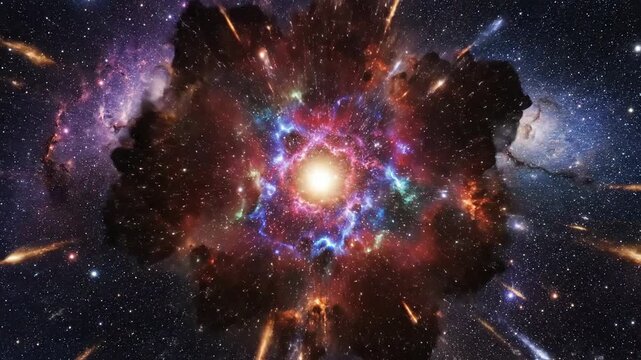 A vibrant supernova explodes in a distant galaxy, emitting colorful energy bursts and light against a starry night sky background, possibly used for educational or decorative purposes