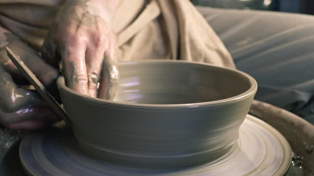 A craftsperson shapes a clay bowl on a pottery wheel, their hands skillfully guiding the spinning. The scene captures the essence of pottery, highlighting creativity and craftsmanship.