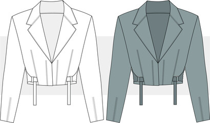 Women's stylish cropped jacket fashion design technical drawing, illustration. Winter wear, coat , cardigan vector, Front view. CAD, Mockup Set.