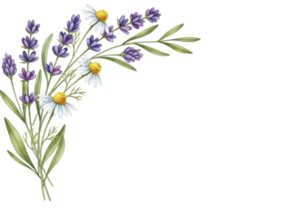 Delicate lavender and chamomile watercolor corner arrangement for greeting cards isolated on white background.png