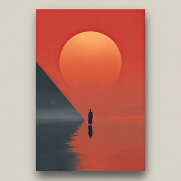 Solitary figure silhouetted against a vast minimalist sunset over reflective water, evoking a sense of peaceful contemplation