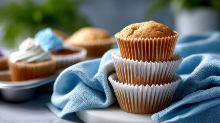 Stack of cupcake holders and metal baking tray for baking preparation