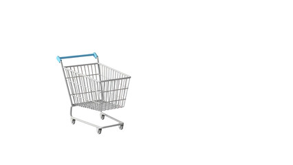 Metal shopping cart with blue handle on white