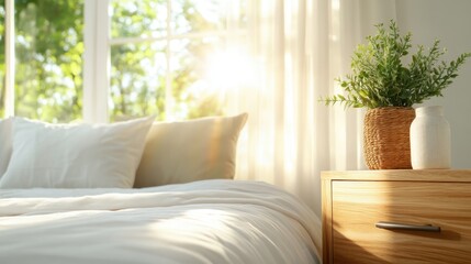 This tranquil bedroom scene features a sunlit bed adorned with soft pillows and a stylish nightstand, showcasing the calming effect of natural light and indoor plants.