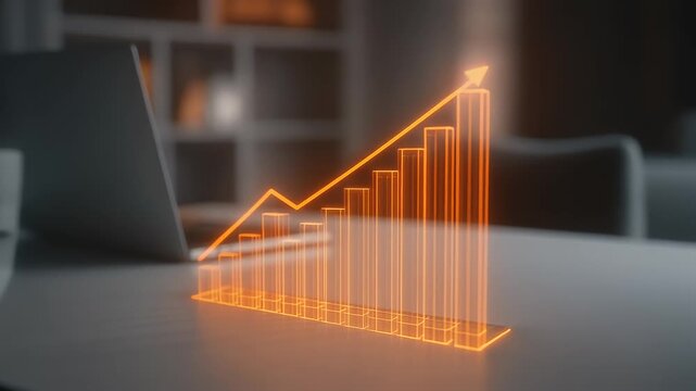 Cinematic 3D orange glowing bar chart and arrow graphically rise on a modern office desk, symbolizing business success and profitable growth.