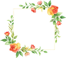 Fototapeta premium A delicate watercolor floral frame with roses and green foliage design high quality