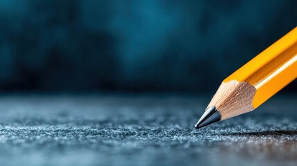 A vibrant, sharpened yellow pencil rests against a textured gray surface, highlighting its pointed tip and smooth finish, perfect for emphasizing creativity and writing.