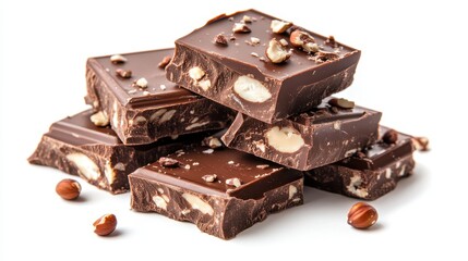 An enticing stack of rich dark chocolate bars with crunchy nuts, artistically arranged to showcase their texture and appeal, invoking indulgence and sweet satisfaction.