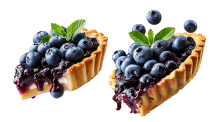 Slice of New England blueberry pie topped with fresh berries and mint leaves, isolated on white background, American dessert