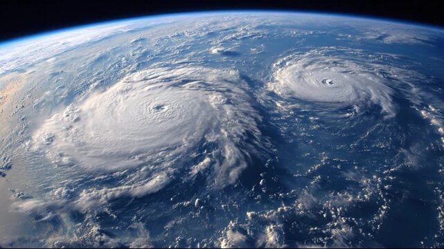 Global view reveals two spiraling storms over blue ocean, with twin eyes amid vast cloud bands. far