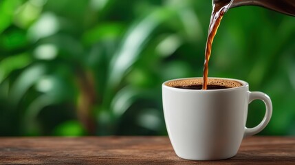 A steaming cup of freshly brewed coffee is being poured, symbolizing warmth and comfort, perfect to start the day and enjoy a moment of reflection and relaxation.