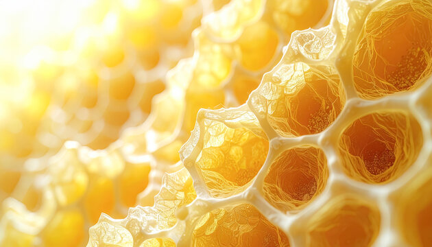 Macro shot highlighting the detailed structure of honeycomb wax cells. The golden color and translucent surfaces reflect light, showcasing the honeycombs geometric patterns and textures.